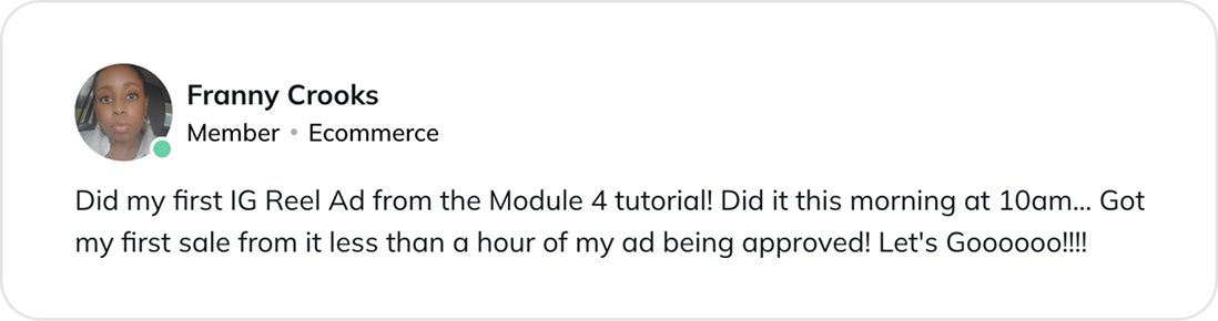Client post describing a first sale less than an hour after her first ad was approved