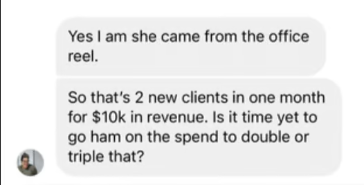 Client message reporting two new clients in one month for $10,000 in revenue