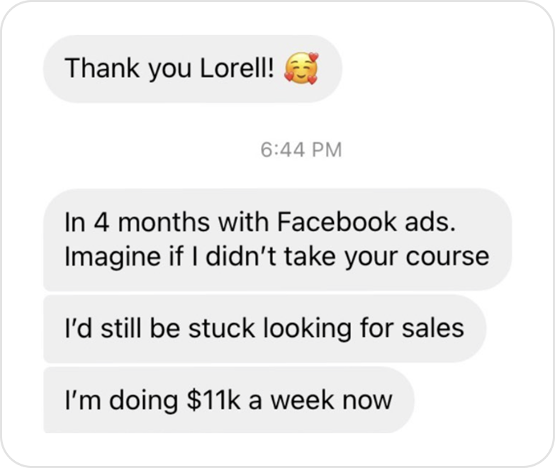 Client message saying she is doing $11k a week after four months of Facebook ads