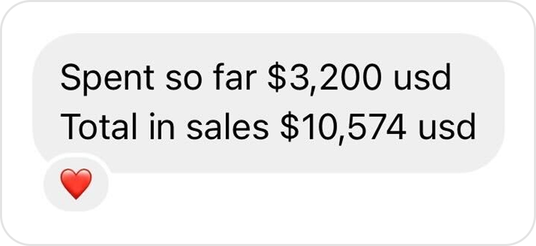 Client message showing $3,200 spent on ads and $10,574 in total sales